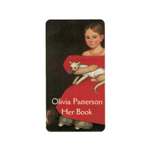 Little Girl in Red with her Cat and Dog Bookplate Label