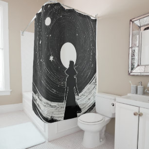 Little Girl in Space   Black & White Cartoon Shower Curtain
