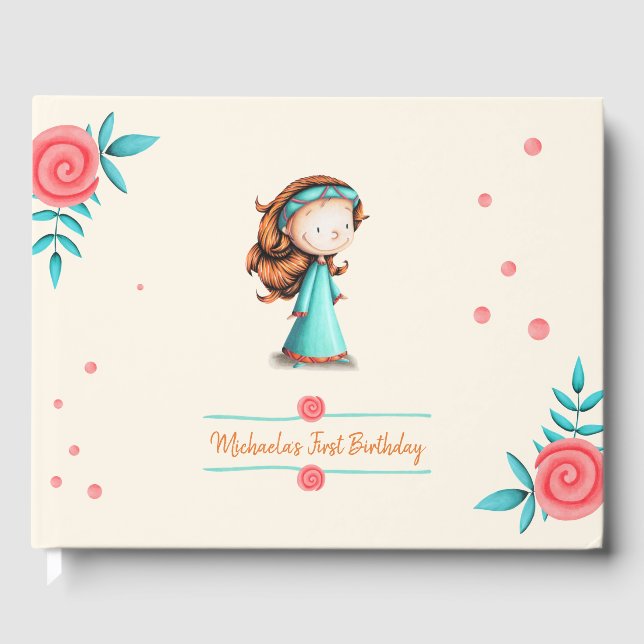 Little Girl in Teal Dress Floral First Birthday Guest Book (Front)
