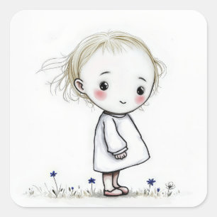 Little Girl In Wildflowers Sketch Square Sticker