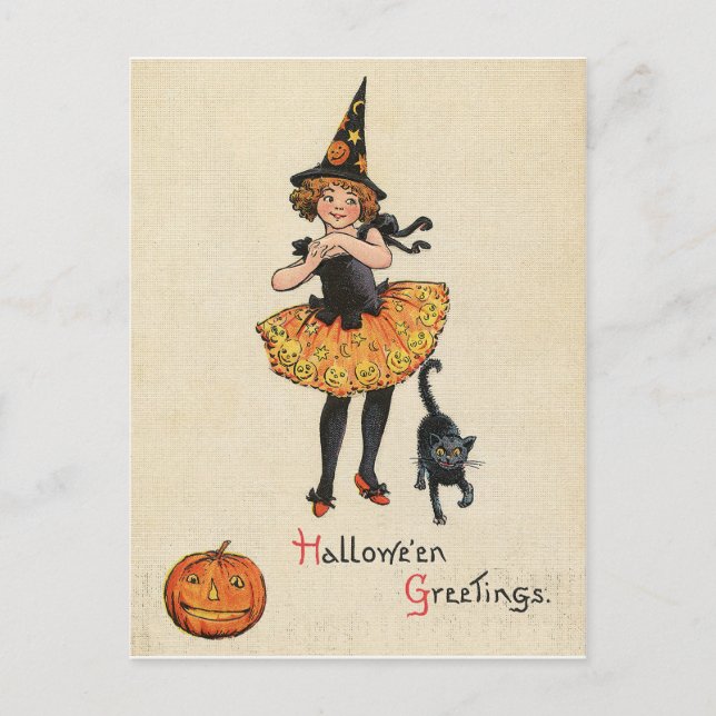 Little girl in witch Halloween costume, black cat, Postcard (Front)