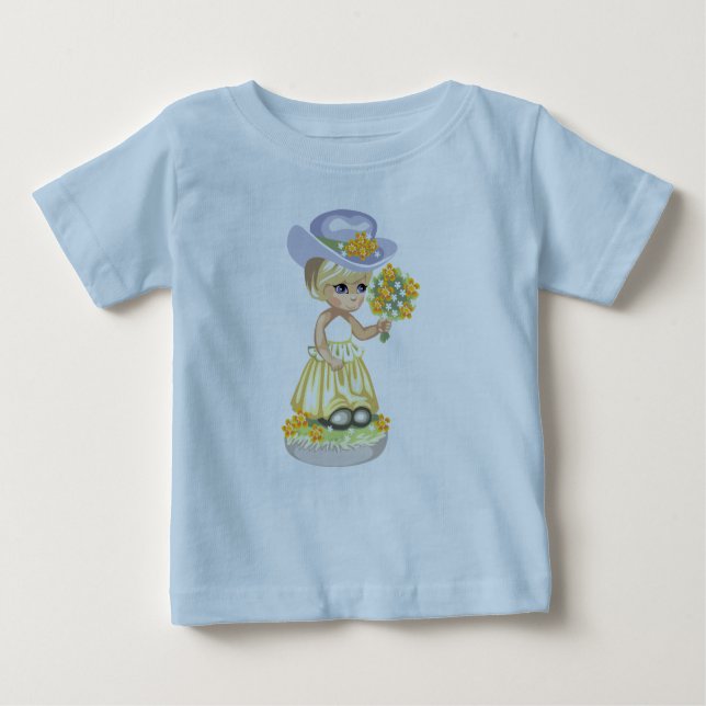 Little Girl in Yellow Easter Dress Holding Flowers Baby T-Shirt (Front)