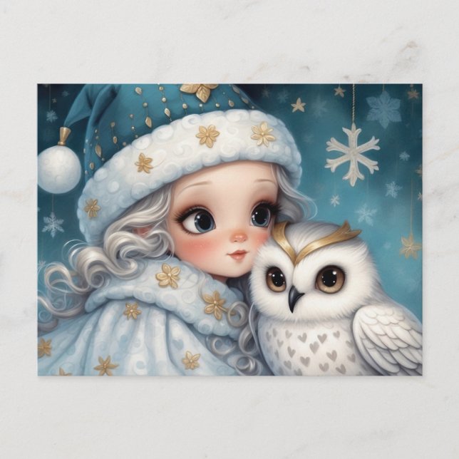 Little Girl is Hugging a White Owl Holiday Postcard (Front)