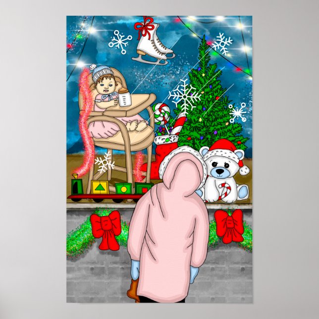 Little Girl Looking through a Christmas Window Poster (Front)