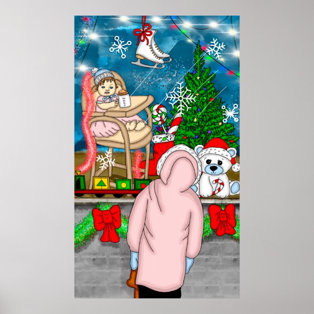 Little Girl Looking through a Christmas Window Poster (Front)
