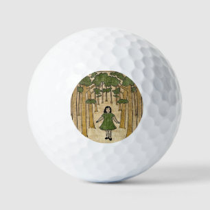 Little girl lost in the forest. golf balls