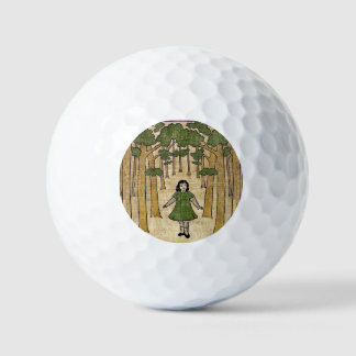 Little girl lost in the forest. golf balls