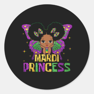 Little Girl Mardi Gras Princess Black Melanin Girl Classic Round Sticker
