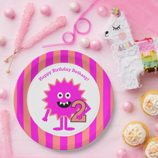 Little Girl Monster 2nd Birthday Pink Stripes Cute Paper Plate (Party)