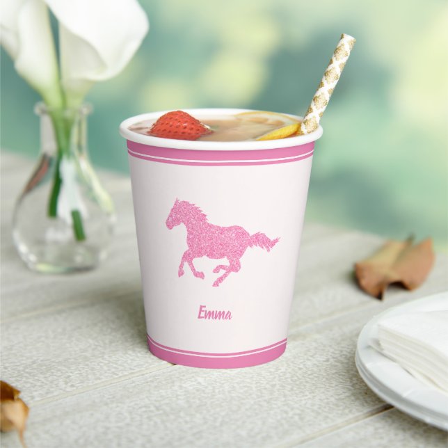 Little Girl Name Horse Lover Pink Glitter Birthday Paper Cups (Insitu)