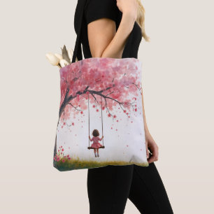 Little Girl On a Cherry Tree Swing Tote Bag