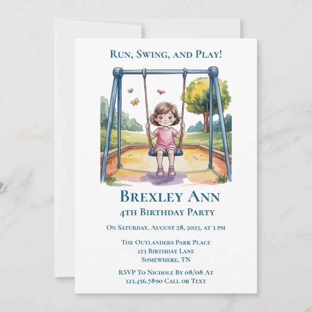 Little Girl on a Swing 4th Birthday Party Invitation (Front)