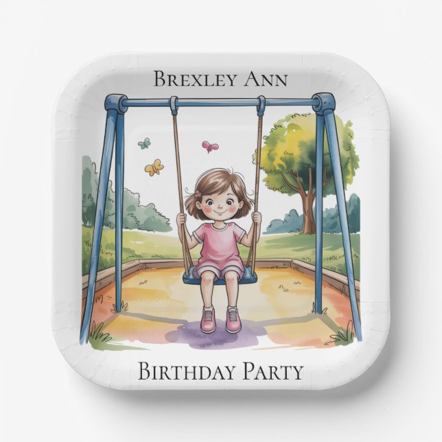 Little Girl on a Swing 4th Birthday Party Paper Plate (Front)
