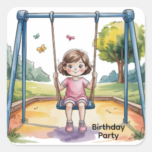 Little Girl on a Swing 4th Birthday Party Square Sticker