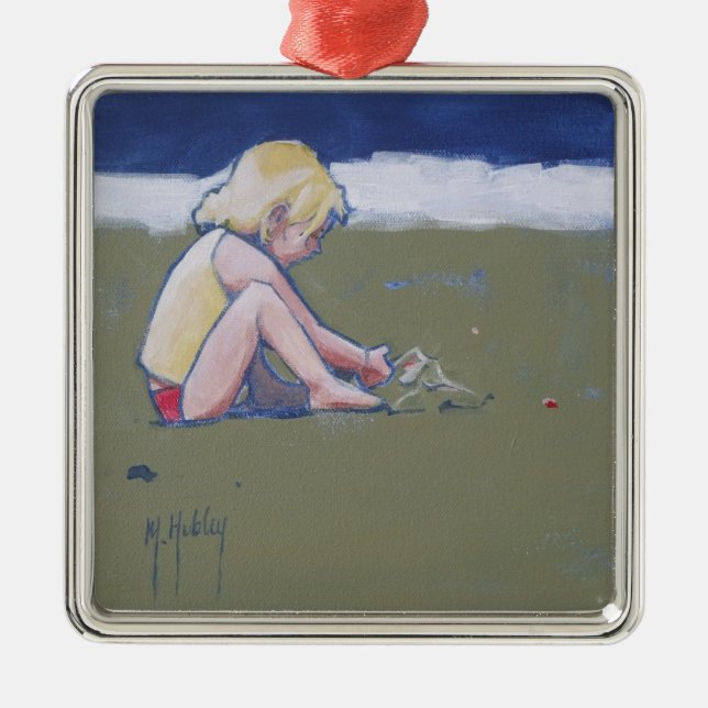 Little Girl on Beach Playing in Sand Metal Ornament (Front)