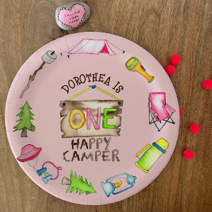 Little Girl One Happy Camper First Birthday Party Paper Plate