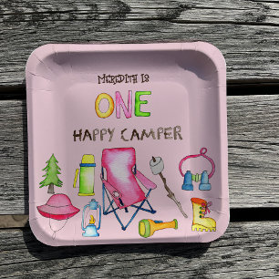 Little Girl One Happy Camper First Birthday Party Paper Plate