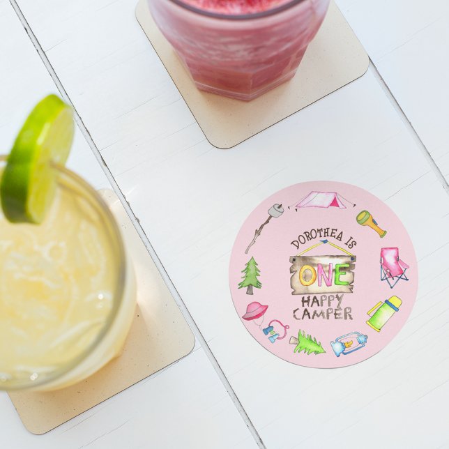 Little Girl One Happy Camper First Birthday Party Round Paper Coaster (Creator Uploaded)