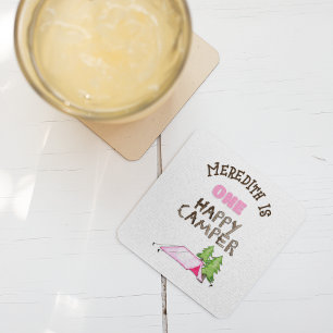 Little Girl One Happy Camper First Birthday Party Square Paper Coaster