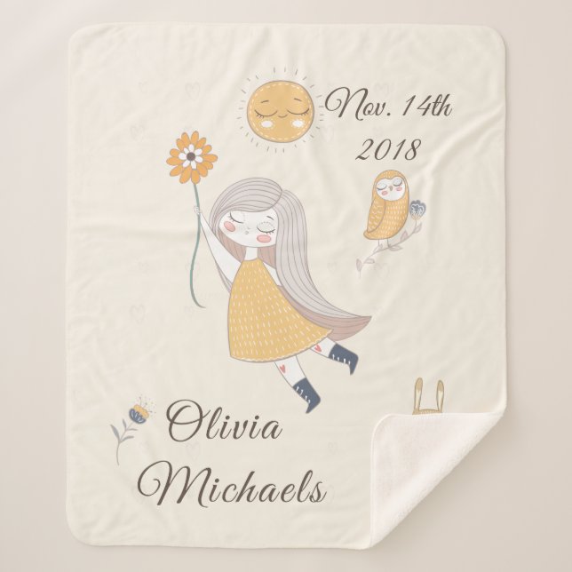 Little Girl Owl Rabbit Personalised Date and Name Sherpa Blanket (Front)