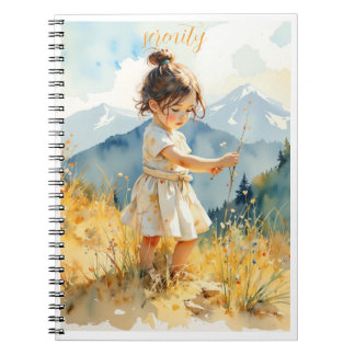 Little girl picking up wild flowers notebook