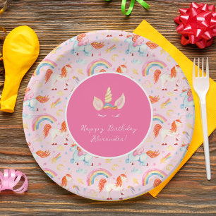 Little Girl Pink Unicorn Pattern Happy Birthday Paper Plate