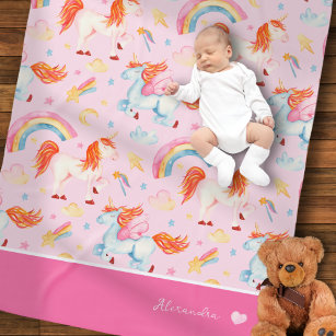Little Girl Pink Unicorn Pattern with First Name Baby Blanket