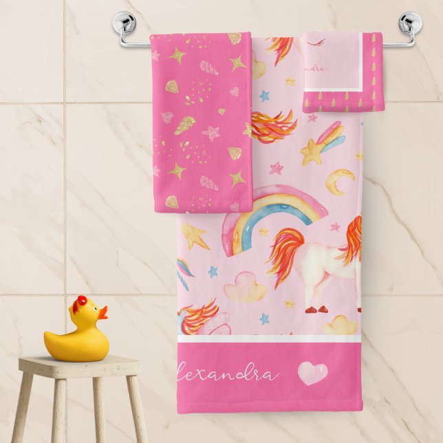 Little Girl Pink Unicorn Pattern with First Name Bath Towel Set (Creator Uploaded)