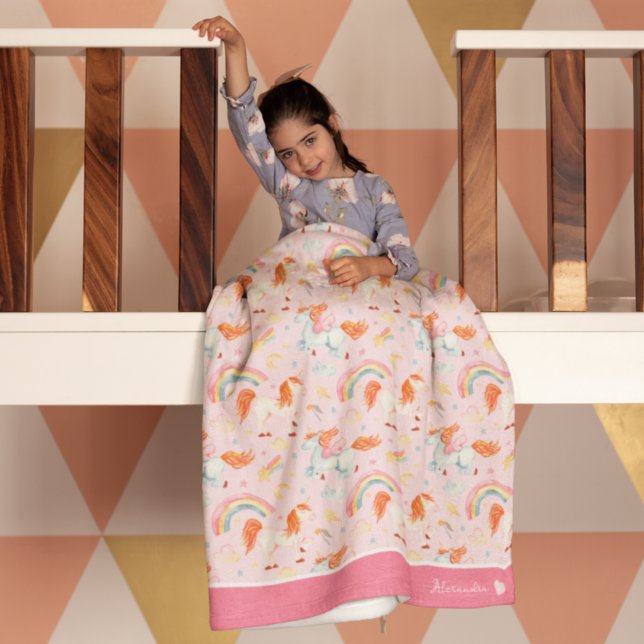 Little Girl Pink Unicorn Pattern with First Name Fleece Blanket (Creator Uploaded)