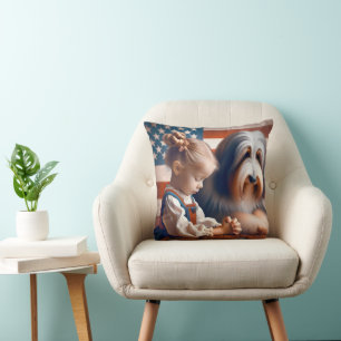 Little Girl Praying With Bearded Collie  Cushion