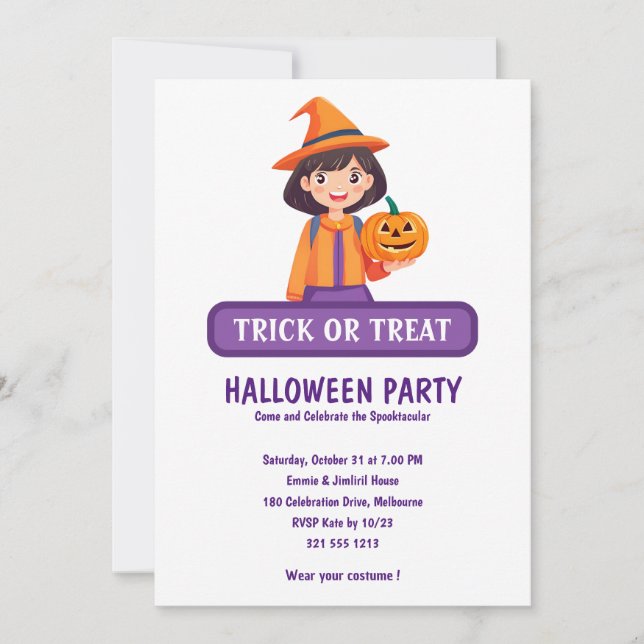 Little Girl Pumpkin Trick or Treat Invitation (Front)