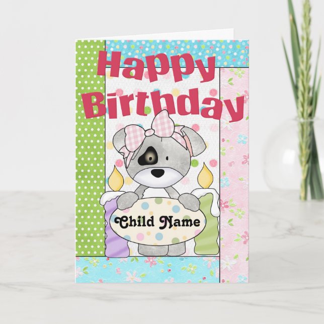 Little Girl Puppy Customisable Happy Birthday Card (Front)