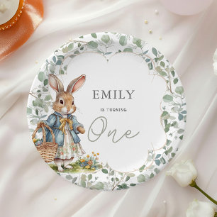 Little Girl Rabbit Greenery 1st Birthday Paper Plate
