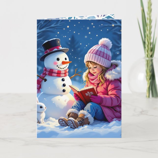 Little Girl Reading a Story to a Snowman Christmas Holiday Card (Front)