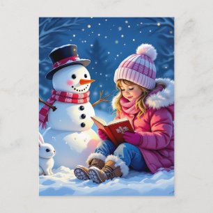 Little Girl Reading a Story to a Snowman Christmas Holiday Postcard