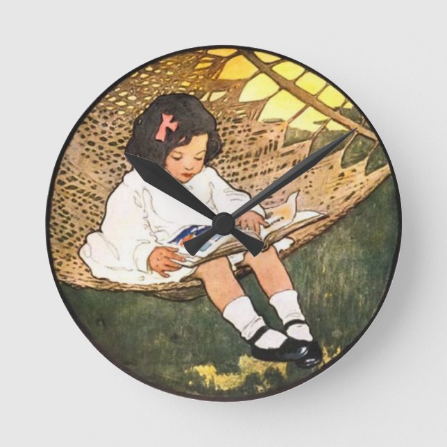 Little Girl reading in a hammock Round Clock (Front)