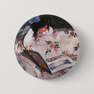 Little Girl reading over sofa 6 Cm Round Badge