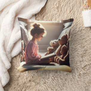 Little Girl Reading To Teddy Bears Cushion