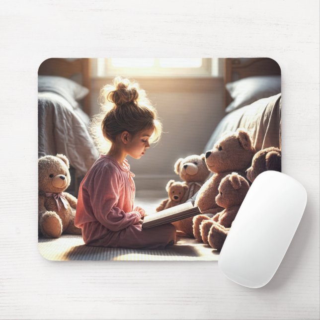 Little Girl Reading To Teddy Bears Mouse Pad (With Mouse)