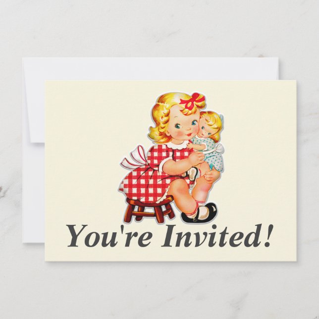 Little girl retro vintage doll child invitation (Front)