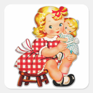Little girl retro vintage doll child square sticker