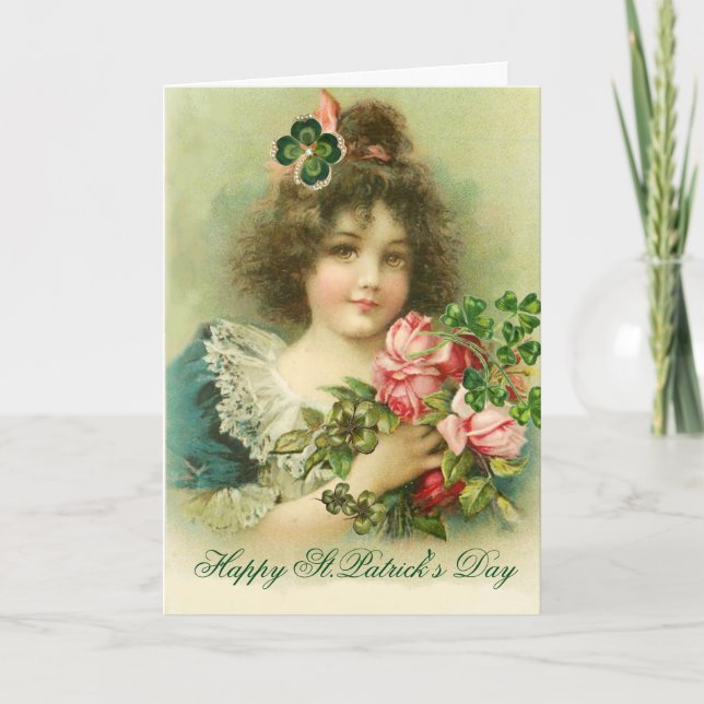 Little Girl Roses and Shamrocks St.Patrick's Day Card (Front)