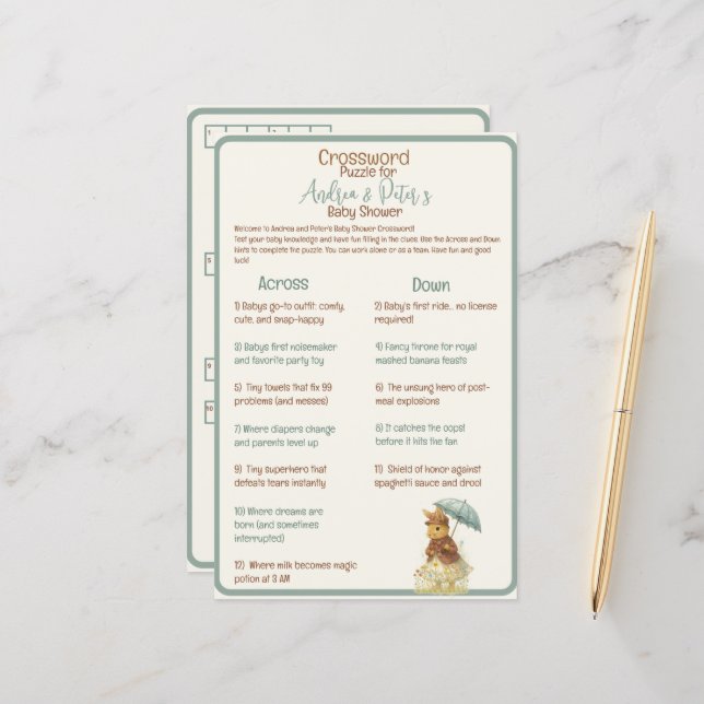 Little Girl Rustic Bunny Baby Shower Crossword (Front/Back In Situ)