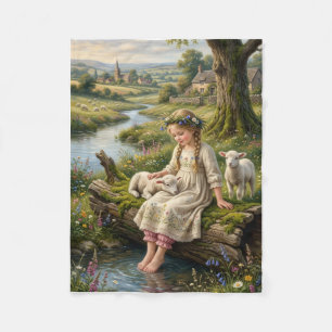 Little Girl Sitting By River With Little Sheep Fle Fleece Blanket