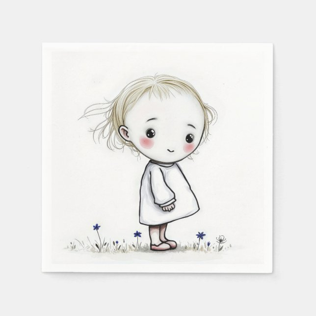 Little Girl Sketch In Wildflowers Napkin (Front)