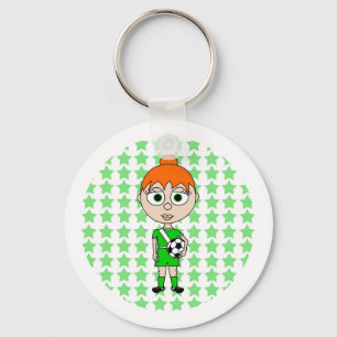 Little Girl Soccer Star Green Red Hair Key Ring