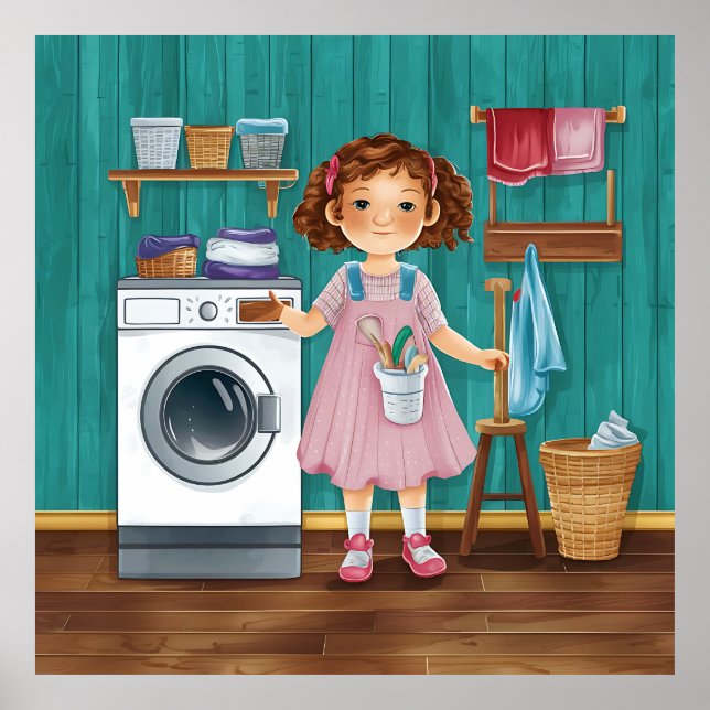 little girl standing in front of a washing machine poster (Front)