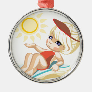 Little girl sunbathing on the beach metal tree decoration