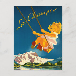 Little Girl Swing  Over Lac Champex, Switzerland Postcard