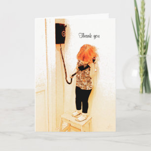 Little Girl Talking on an Old Black Telephone Card